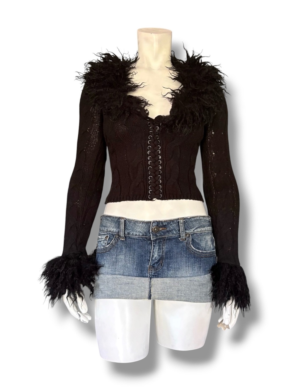 DollsKill | NWT’s Generation Kiss Y2K Goth Grunge Fur Trim Lace up Sweater